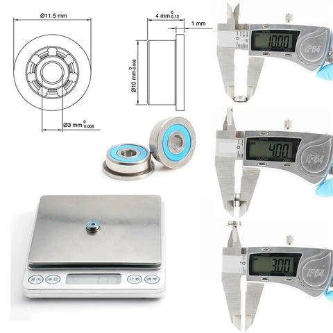 Thinking Process: miniature steel deep groove bearing, 10x11.5x4 mm, shown with caliper and scale