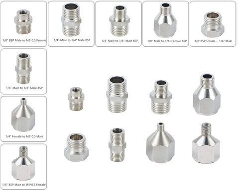 8 Piece Airbrush Adapter Kit For Air Compressor And Hose Brass Pro Grade Quick Release Connectors displayed on white backdrop