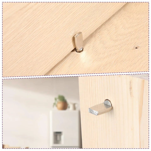 Spoon shape design of 48 Pack Beefy Stainless Steel Shelf Support Pins with adjustable pegs in cabinet installation.