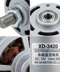 Close-up of High Torque 12V DC Brushed Motor, 30W, 3500RPM, Reversible CW CCW showing shaft and label details