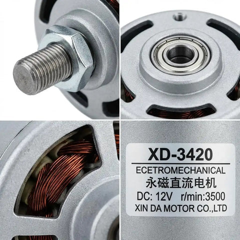 Close-up of High Torque 12V DC Brushed Motor, 30W, 3500RPM, Reversible CW CCW showing shaft and label details