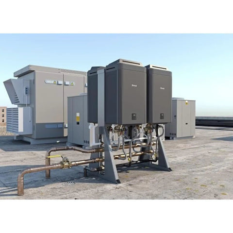 Heavy Duty Commercial Tankless Water Heater Pumping Out Endless Hot Water With Smart Adaptive Gas Valve Tech on rooftop.