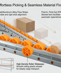 No Nonsense Heavy Duty Stainless Steel Flow Rack With Automatic Gravity Roller Track For Warehouse Packing Stations And Assembly Lines Smooth Cartons Slide Right Up To Cut Search Time And Level Up Your Inventory Game 100X80X100CM high-density roller slideway with orange wheels and cardboard boxes.