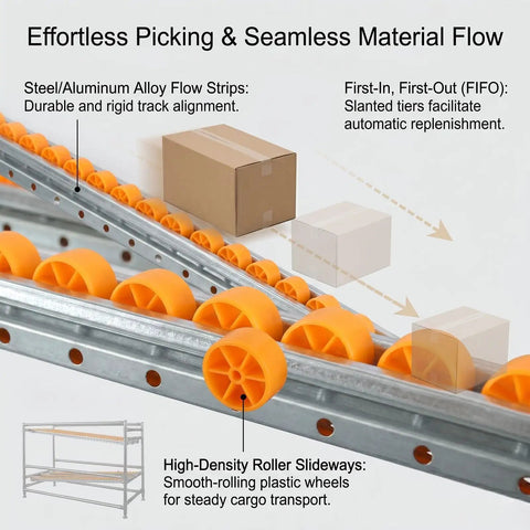 No Nonsense Heavy Duty Stainless Steel Flow Rack With Automatic Gravity Roller Track For Warehouse Packing Stations And Assembly Lines Smooth Cartons Slide Right Up To Cut Search Time And Level Up Your Inventory Game 100X80X100CM high-density roller slideway with orange wheels and cardboard boxes.