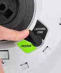 Adjusting latching lever on Heavy Duty Retractable Water Hose Reel With Half Inch By Seventy Feet Hose Auto Rewind Latching Length Control
