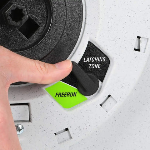 Adjusting latching lever on Heavy Duty Retractable Water Hose Reel With Half Inch By Seventy Feet Hose Auto Rewind Latching Length Control