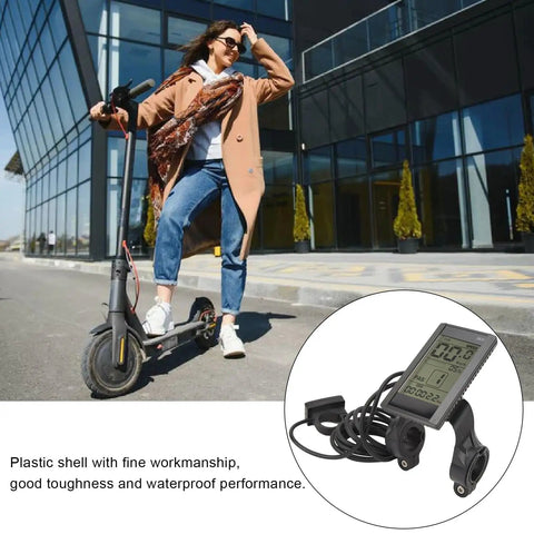 22.2mm LCD Cycling Computer For E Bikes Multifunctional Display Meter With Speedometer Odometer Battery Voltage Monitor And Mod Kit Compatible With 24V 36V And 48V Systems shown next to woman riding scooter