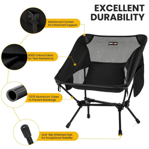 Ultra Lightweight Folding Camping Chair For Hiking And Backpacking, Set Of Two With Carry Bag, black oxford fabric