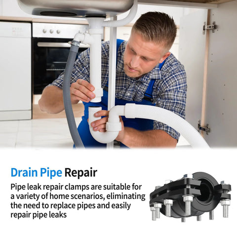 Pipe repair clamp kit installed on white PVC drain pipe under sink; 3/4 inch size.