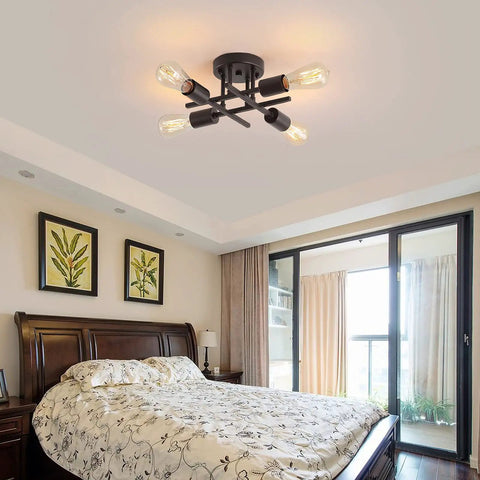 4-Light Black Semi Flush Mount Ceiling Light Fixture With Dope Industrial Farmhouse Metal Design in a modern bedroom setting.
