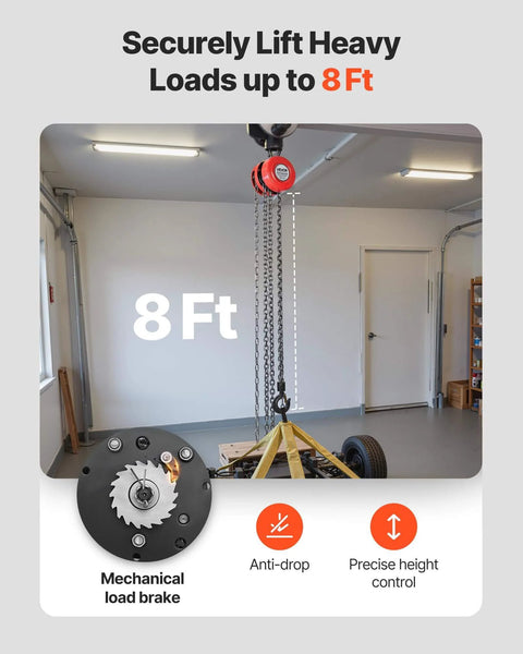 1 Ton Hand Chain Hoist With 8 Ft Lift Galvanized G70 Chain Heavy Duty Pulley Block in garage setting, showing lift height and controls.