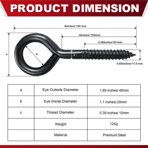 Diagram showing dimensions of Heavy Duty 6 Inch Screw Eyes Hooks Set PAMAZY With 700 Lbs Load Capacity, featuring measurements in mm and inches.