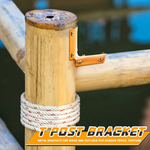 20 Pack Heavy Duty L Shaped Round Post Fence Brackets Built Different For Wood Fence Repair And Deck Railings Includes Self Tapping Screws, shown on a wooden post.