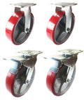 Heavy Duty Polyurethane On Cast Iron Caster Set With 5 Inch, 6 Inch And 8 Inch Wheels, Rigid And Total Lock Brakes, Red Finish, 1100 Lb Load Per Wheel