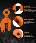 Orange 2-ton vertical plate lifting clamp for sheet metal, front view.