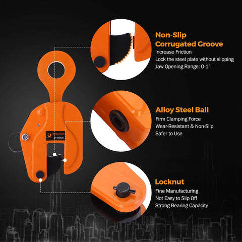 Orange 2-ton vertical plate lifting clamp for sheet metal, front view.