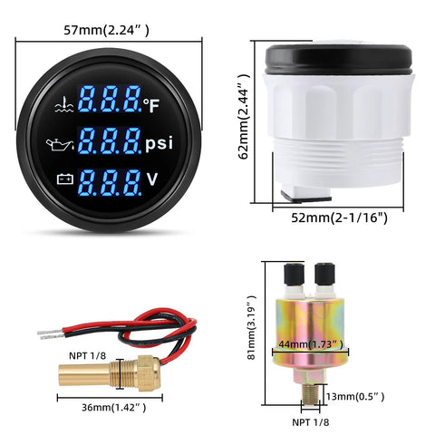 ARTILAURA 3-in-1 52mm blue-backlit gauge kit for oil pressure, water temperature and voltmeter; includes sensor and transducer (3 items).