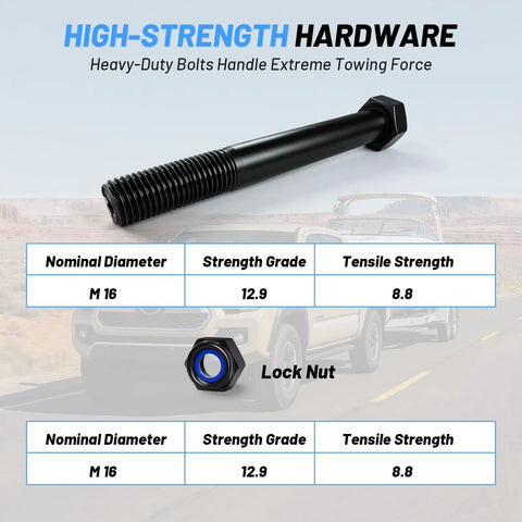 Heavy Duty Bed Step Relocation Bracket Kit For 2024 To 2026 Toyota Tacoma, showcases steel bolt and lock nut specifications.