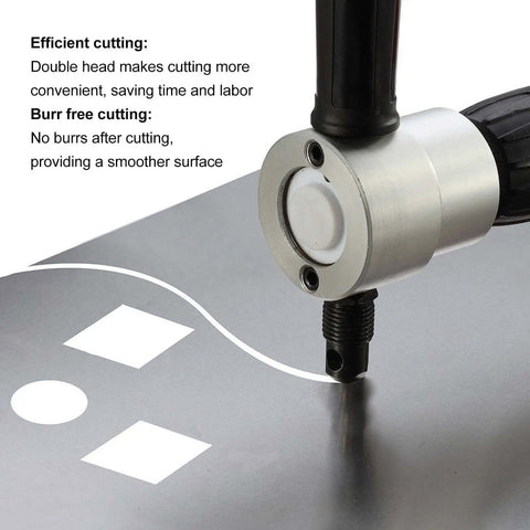 Dual Head Metal Sheet Cutter With 360 Degree Nibbler Drill Attachment in action for burr-free metal sheet cutting