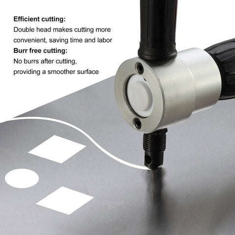 Double Head Sheet Metal Cutter With 360 Degree Rotation Nibbler Drill Attachment cutting smoothly on stainless steel surface.