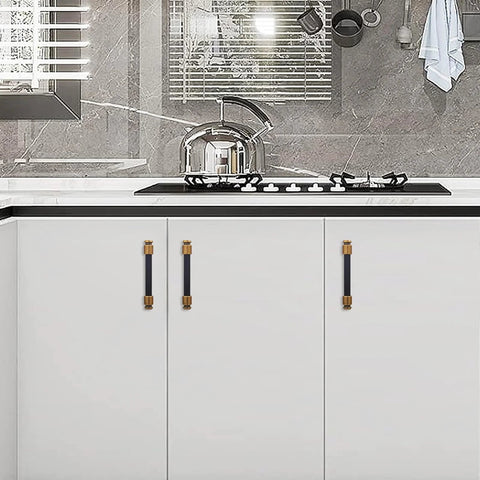 10 Pack Black And Antique Brass Knurled Cabinet Pulls For Kitchen Cabinets Center To Center 96mm shown on white cabinets