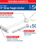 Workhorse One Quarter Inch Toggle Straps And Carbon Steel Studs Drywall Anchors Fifty Piece Master Kit with 50 toggle anchors and features.