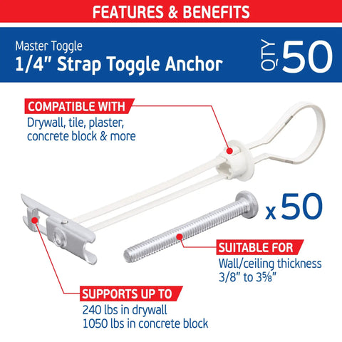 Workhorse One Quarter Inch Toggle Straps And Carbon Steel Studs Drywall Anchors Fifty Piece Master Kit with 50 toggle anchors and features.