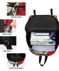 Open Lion Sunglass Backpack with Insulated Cooler Lunch Box showing laptop sleeve and notebooks, scratch-resistant nylon