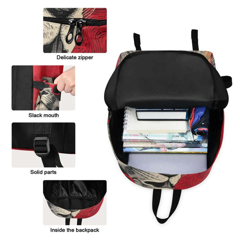 Open Lion Sunglass Backpack with Insulated Cooler Lunch Box showing laptop sleeve and notebooks, scratch-resistant nylon