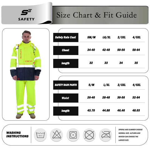 Size chart for Hi Vis Rain Jacket For Men Waterproof Class 3 High Visibility Rain Gear With Removable Hood And Interior Mesh Liner