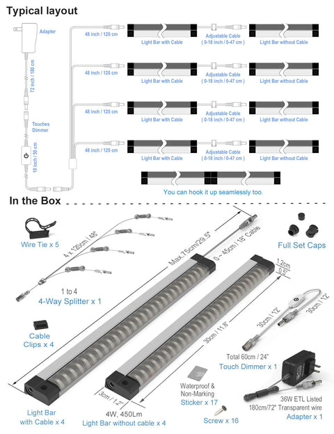 Ultra Bright LED Under Shelf Lighting For Wide Shelves 8 Panel Kit With 4 Way 1.2m Splitter Cabinet Lighting parts and layout diagram