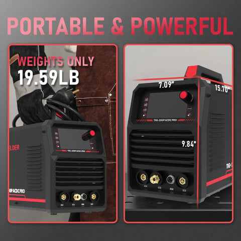 Dual Voltage Aluminum TIG Welder With Pulse, AC/DC Inverter, Large LED Display, side view with dimensions