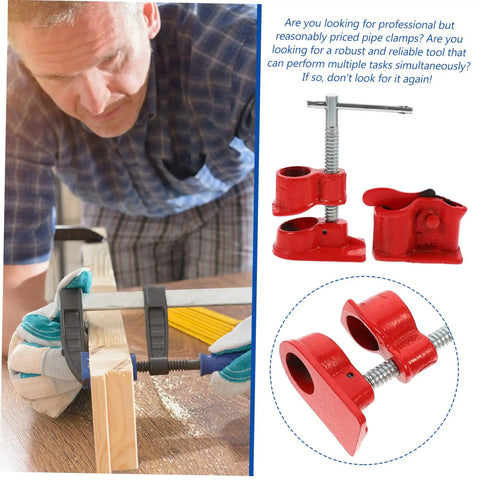 Lightweight Quick Woodworking Pipe Clamp With Ergonomic Grip For One Hand Operation shown in woodworking use and product components.