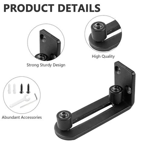 Close-up of Four Pack Black Sliding Barn Door Floor Guides Flush Wall Mount Bottom Adjustable Rollers, scratch-resistant design.