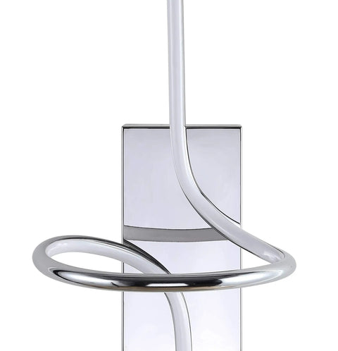 Close-up of Totally Slick 9 Inch Chrome Modern Minimalist Integrated LED Vanity Light Sconce showing chrome curves on white background.