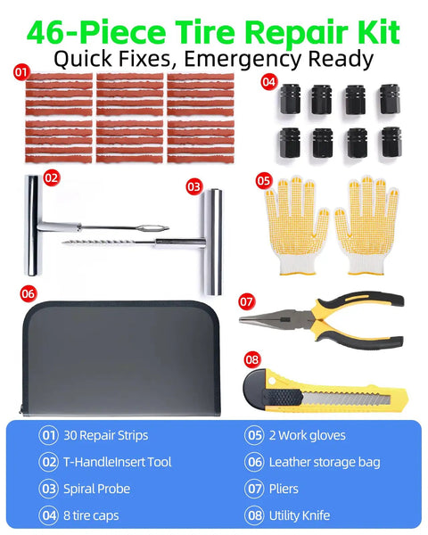 46-piece tire repair kit with gloves, repair strips, pliers, cutter, T-handle tools, tire caps, and storage bag layout.
