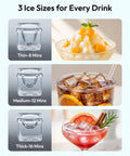 Stay Frosty All Night Long With This Heavy Duty Under Counter Ice Maker Pumping Ninety Pounds Daily Plus Twenty Four Pound Storage And Zero Hassle Gravity Drainage Built For Everyday Adventures showing three ice sizes for drinks.