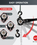 Beefy 1-1/2 Ton Lever Chain Hoist With 20 Ft Lift, 3-speed dial operation, 360-degree rotation, heavy-duty G80 chain shown