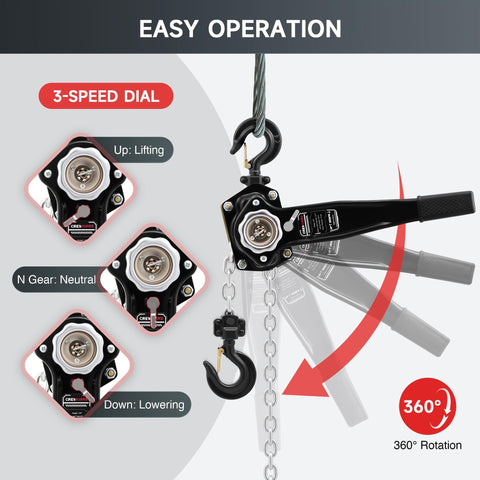 Beefy 1-1/2 Ton Lever Chain Hoist With 20 Ft Lift, 3-speed dial operation, 360-degree rotation, heavy-duty G80 chain shown