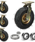 Premium Set Of Four 8 And 10 Inch Heavy Duty Rubber Swivel Caster Wheels showing rubber tires and mounting plate for industrial tool carts.