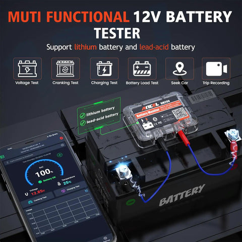 12V Car Battery Tester With Bluetooth For Lead Acid And Lithium Batteries BM200 US Battery Monitor Voltage Cranking And Charging System Tests in use on a car battery