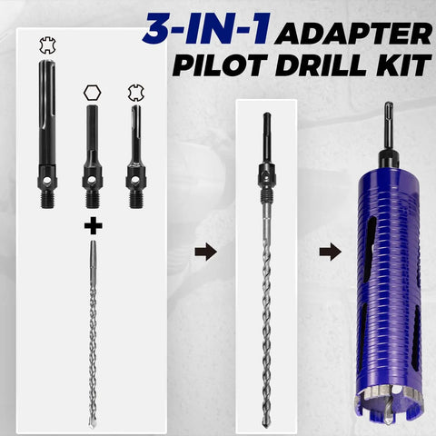 2 Inch Pro Dry Core Drill Bit Set With Pilot Bit And Three Adapters For SDS Plus SDS Max And One Half Hex 9 Point 5 Inch Depth Welded Blade Core Bits For Concrete With Rebar Masonry Brick And Mortar
