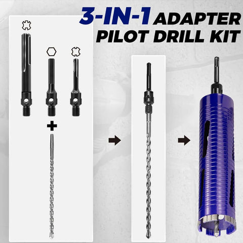 DaduoRi 4-piece dry core drill kit with pilot bit and three adapters (SDS Plus/Max, 1/2 hex), 9.5 in depth