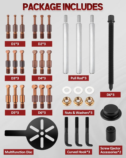 Clatoon 21-in-1 bearing puller kit with curved hooks and red copper collets; includes three pull rods, nuts, washers, and discs