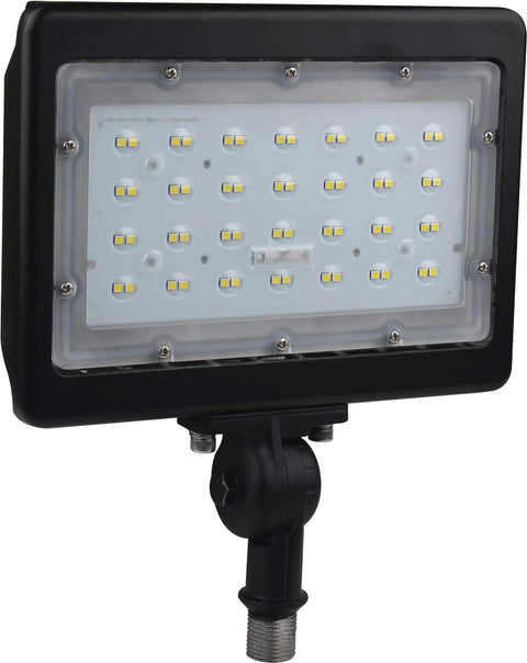 Six Pack Durable Led Outdoor Flood Lights Bringing Hella Serious Visibility To Any Space With Dependable 50 Watt Daylight Power And Vintage Bronze Casing Built For Smooth Patio Yard Garage Lot Mounting - close-up view of LED fixture with clear lens.
