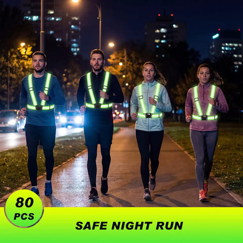 Eighty Pack High Visibility Reflective Safety Vests In Neon Lime Green Heavy Duty Work Gear For Construction Teams And Warehouse Crews during a night run.
