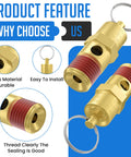 Two Pack One Quarter Inch NPT Male Brass Air Compressor Pressure Relief Valves, 200 PSI Overpressure Safety Valve For Tanks