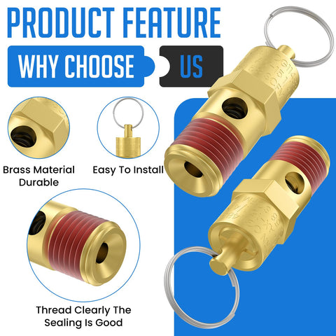 Two Pack One Quarter Inch NPT Male Brass Air Compressor Pressure Relief Valves, 200 PSI Overpressure Safety Valve For Tanks