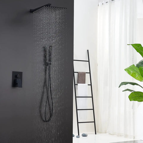 12 Inch Luxury Black Wall Mounted Shower System With Rain Mixer Complete Shower Faucet Set Rainfall Head Handheld Sprayer Easy Install Modern Bathroom Upgrade Matte Black Finish