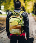 Lemon Americano printed unisex backpack worn outdoors, featuring large capacity and durable polyester fabric with smooth zipper.